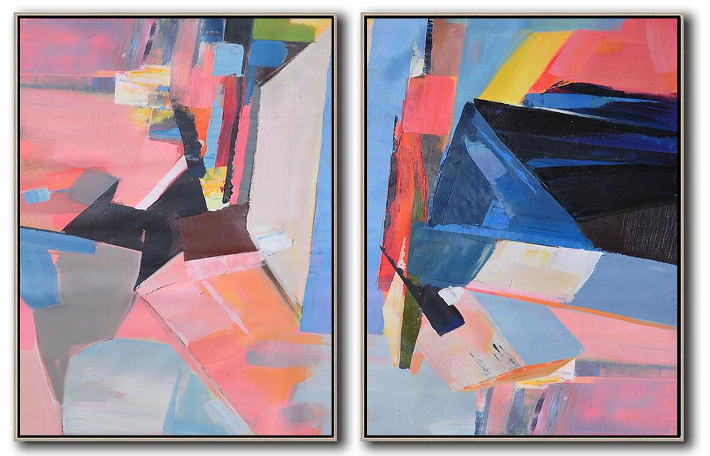 Extra Large Canvas Art,Set Of 2 Contemporary Art On Canvas,Huge Abstract Canvas Art,Pink,Grey,Blue,Black.etc